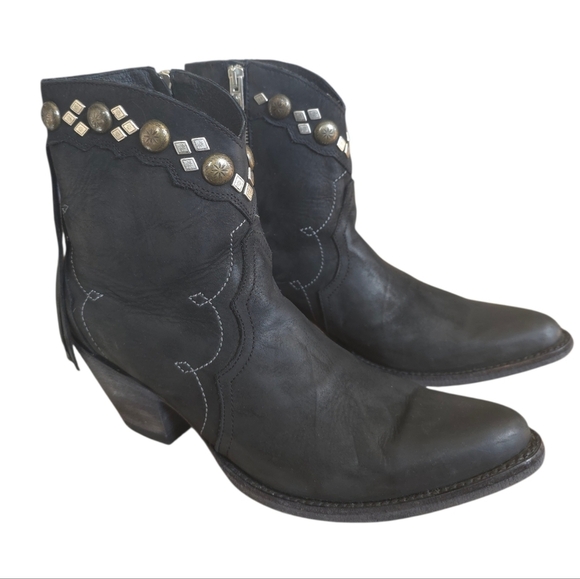 Old Gringo Shoes - Yippee Ki Yay Old Gringo Black Leather Ankle Boots Fringe & Studded Western 8.5